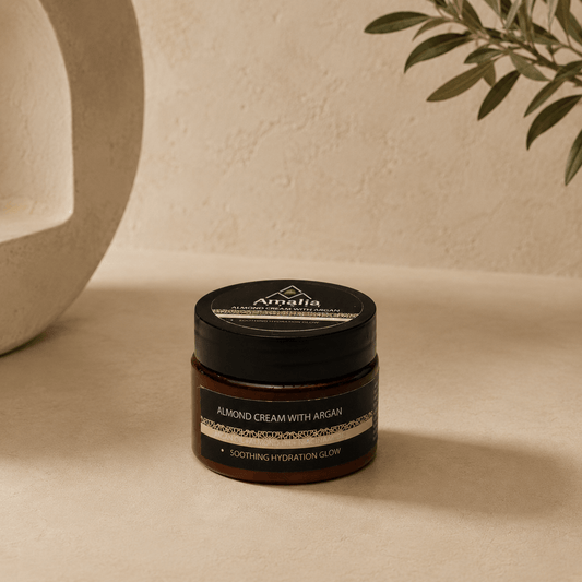 Jar of Amalia Almond Cream with Argan on a beige surface with a plant in the background
