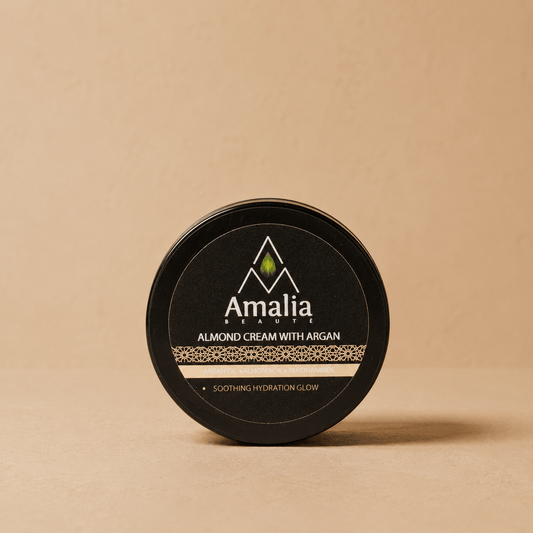Amalia Beauty almond cream with argan container on a beige background