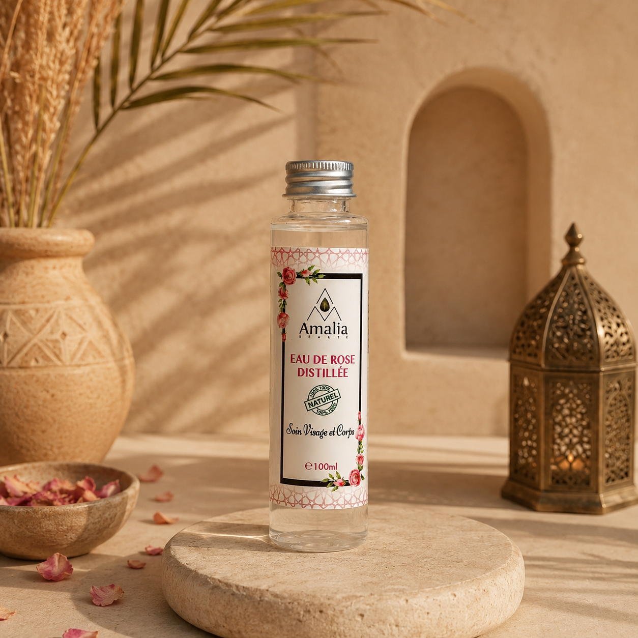 Amalia Distilled Rose water bottle on a stone surface with decorative elements in the background.