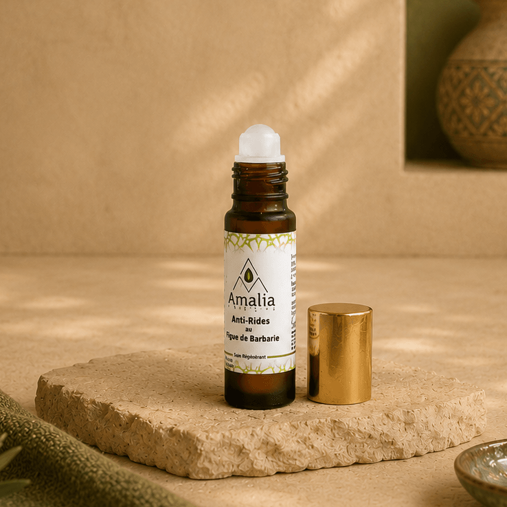 Amalia essential oil bottle on a stone surface with decorative vases and plants in the background