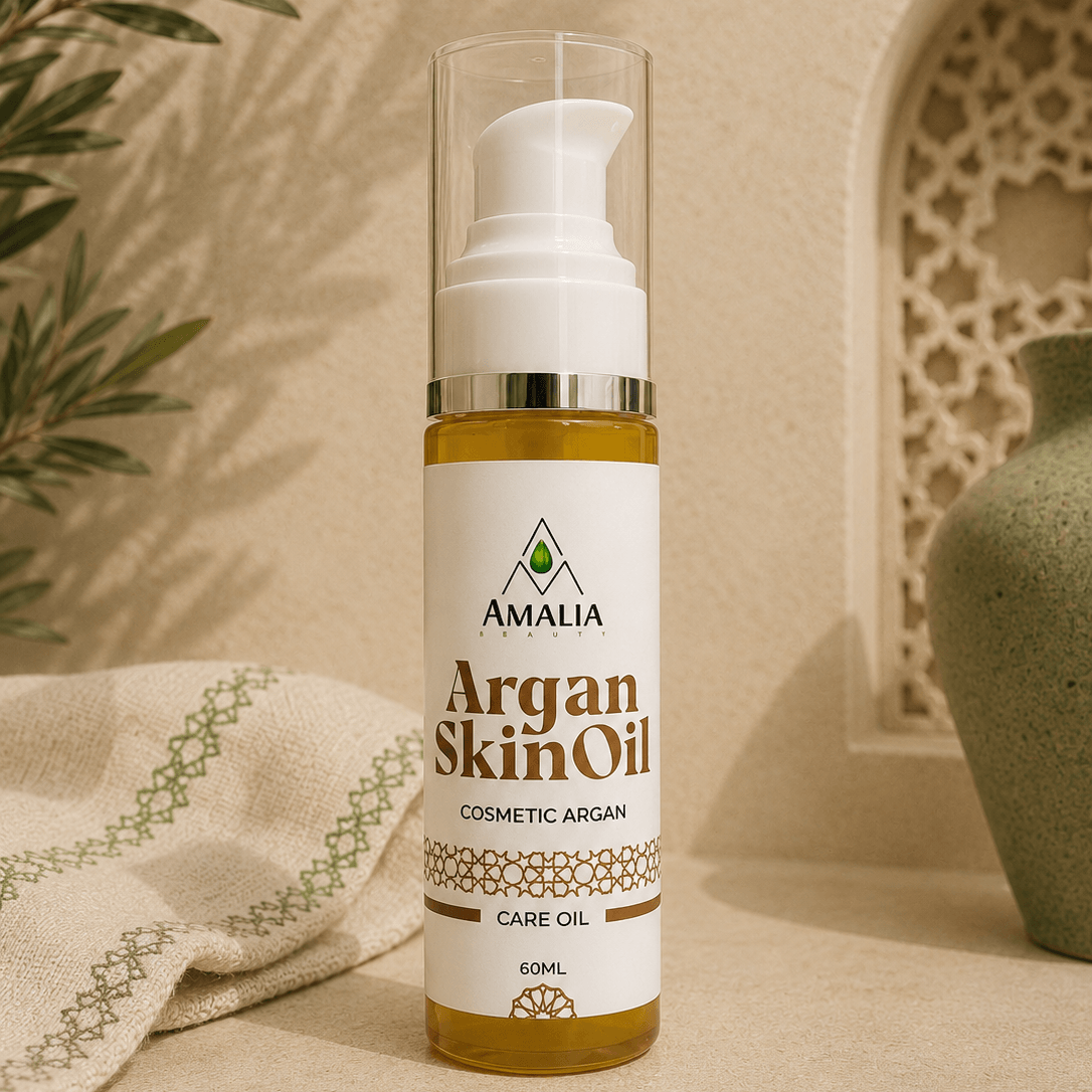 Amalia Argan Skin Oil bottle on a beige surface with a decorative background