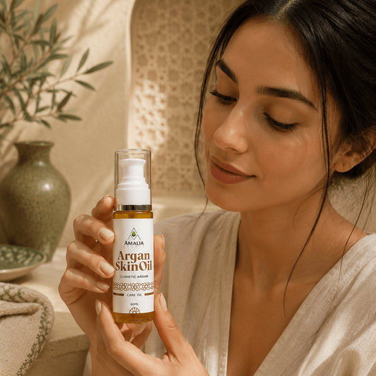 Woman holding a bottle of Amaja Argan Skin Oil in a warm, indoor setting.